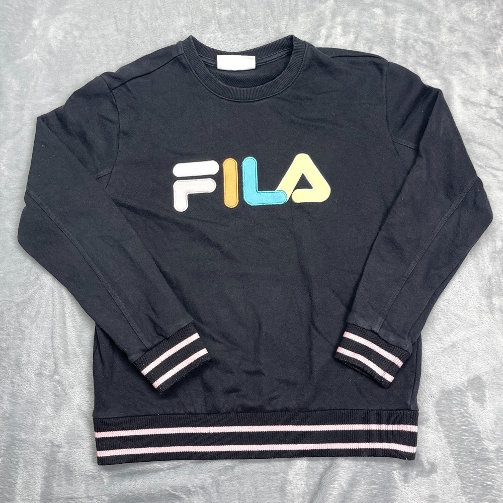 FILA Sweatshirt Womens Medium Black Embroidered Spellout Logo Crew Neck Pullover